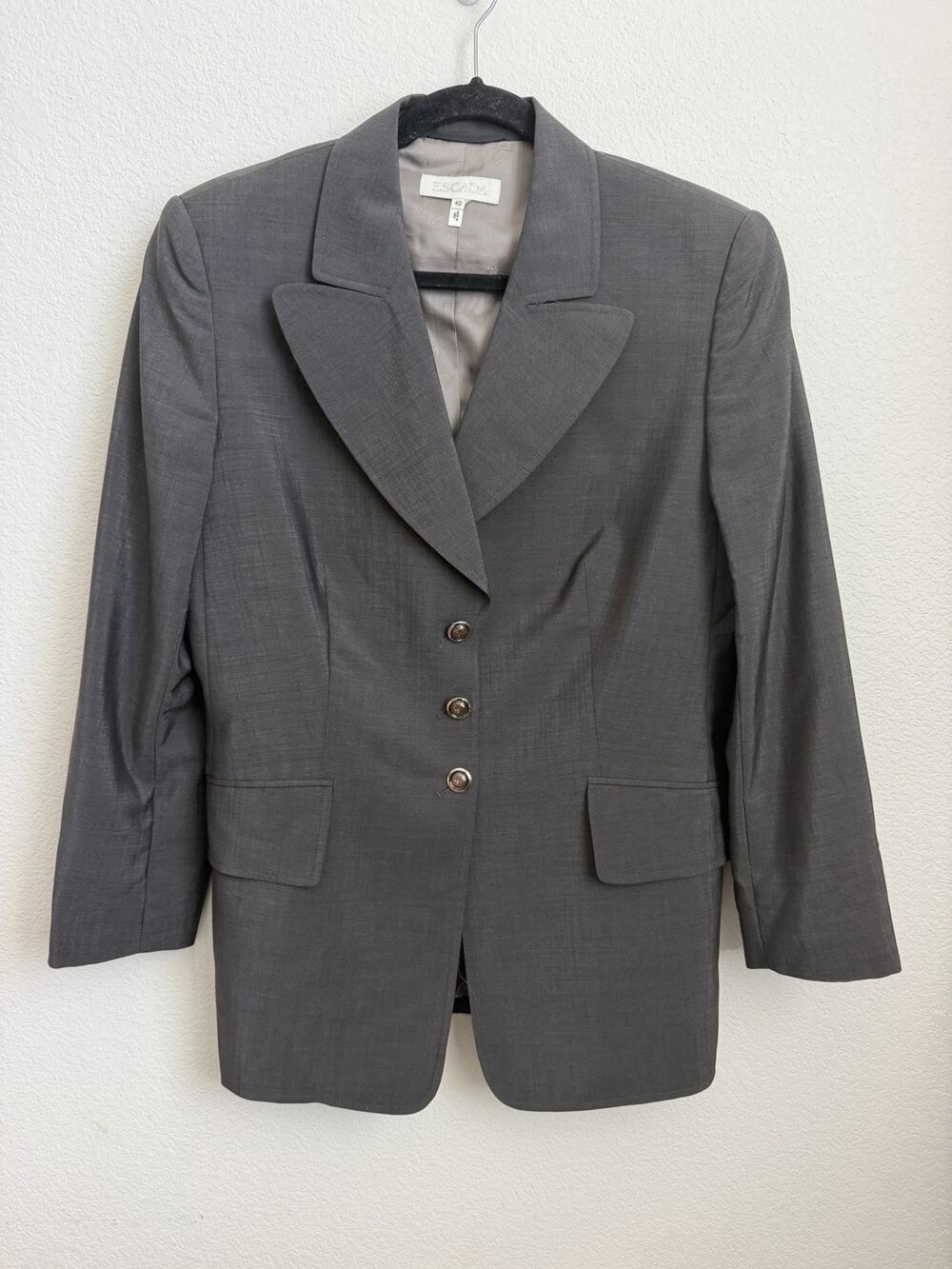 Escada Vintage 80's Single Breasted Gray Blazer Wool Button Monogram 42